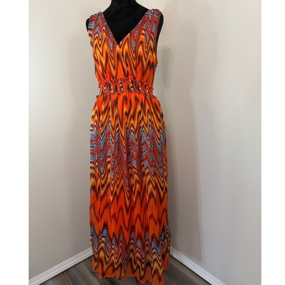 Jessica Taylor Vibrant Orange Wavy Chevron Boho Sleeveless Maxi Dress Size 3X
